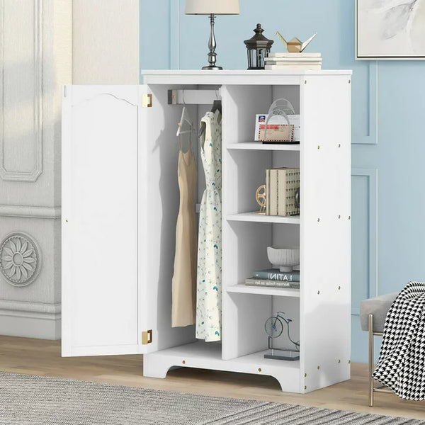 Kids Wardrobe Closet, 51"H Wardrobe Cabinet with 1 Door and 3 Shelves, Floor Storage Cabinet with Hanging Rod, Bedroom Armoire Clothes Organizer for Kids, with Anti-falling Hardware, White