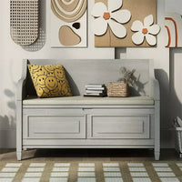 Storage Bench with Hidden Storage Space, Shoe Bench with Backrest and Removable Upholstered Cushion, Solid Wood Entryway Bench for Entryway Living Room Bedroom, Gray Wash + Beige