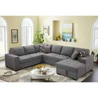 Modern 123"Sectional Sofa,Oversized Pull-Out Sleeper Sofa with Storage Chaise and 4 Throw Pillows,U-Shaped Modular Sectional Couch 6-Seater Fabric Sofa Couch for Living Room Apartment, Grey