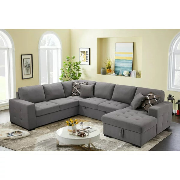Modern 123"Sectional Sofa,Oversized Pull-Out Sleeper Sofa with Storage Chaise and 4 Throw Pillows,U-Shaped Modular Sectional Couch 6-Seater Fabric Sofa Couch for Living Room Apartment, Grey