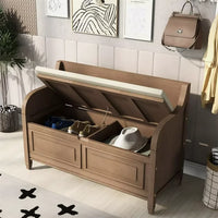 Storage Bench with Hidden Storage Space, Shoe Bench with Backrest and Removable Upholstered Cushion, Solid Wood Entryway Bench for Entryway Living Room Bedroom, 42”L x 18”W x 29.5”H, Brown + Beige