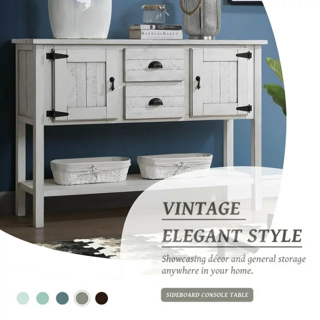 48'' Console Table, Wood Buffet Cabinet with Storage, Retro Style Sideboard Buffet Cabinet Entryway Console Table with 2 Drawers, 2 Cabinets and Bottom Shelf for Living Room Kitchen Dining Room, White