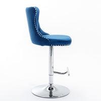 Swivel Bar Stools Set of 2 with Adjustable Seat Height, Contemporary Velvet Counter Stool with Metal Legs and Chrome Nailhead Trim Backrest, Dining Chair for Home and Pub, Blue & Sliver