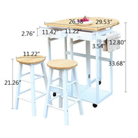 3Pcs Wood Dining Table Set, Rolling Casters Breakfast Cart Set with 1 Side Folding Drop Leaf 2 Drawers Kitchen Island Cart with 2 Stools Space Saving for Kitchen Living Room