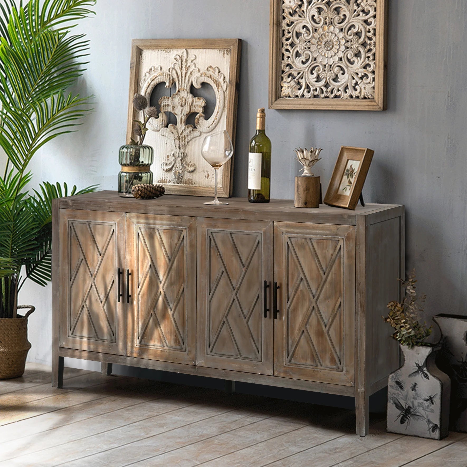 Large 4 Door Storage Cabinet, Country Vintage Old Wood Twill Sideboard, Accent Cabinets Console Table Sideboard for Dining Room Hallway Entryway