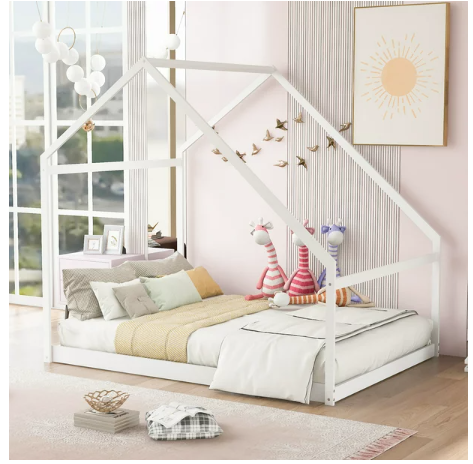 Full Size House Bed, Wooden Floor Bed Frame with Roof for Toddlers Kids Girls Boys, Can be Decorated, White 77.8"L x 56.8"W x73.2"H