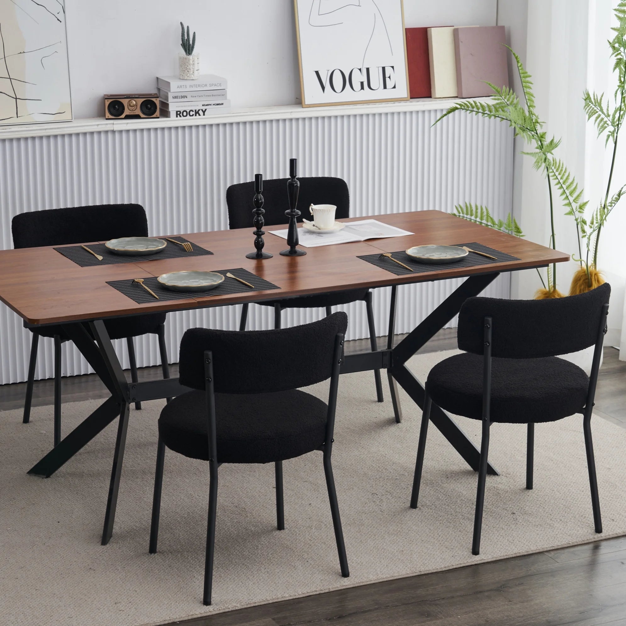 Set of 2 Teddy Fabric Dining Chairs with Curved Back and Metal Legs, Mid-Century Metal Frame Chairs for Kitchen Dining Room, Black