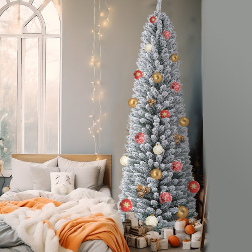 7FT Prelit Snow Flocked Artificial Pencil Christmas Tree, Xmas Tree with 150 LED UL Plug Warm Lights 570 Branch, Artificial Slim Xmas Tree Indoor Outdoor Home Decor Holiday, Green