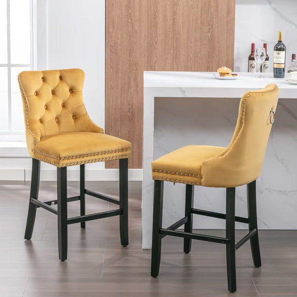 Modern Velvet Counter Bar Stools Set of 2, Contemporary Velvet Upholstered Barstools, Full Back Counter Height Chairs, Button Tufted Dining Chair, Leisure Style Bar Chairs,for Kitchen, Gold