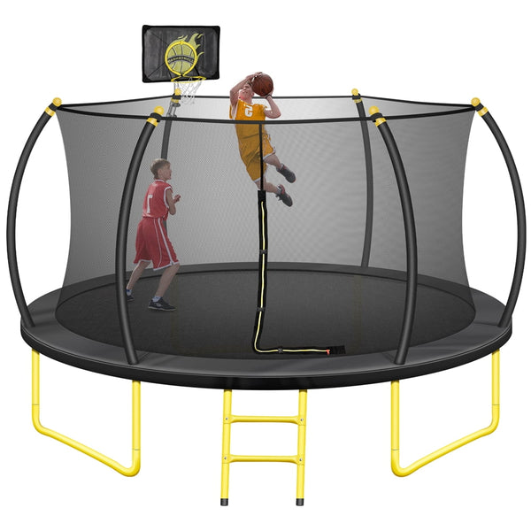 Outdoor Trampoline 10FT, Pumpkin Trampolines with No Screws Installation Frame, Curved Poles& Basketball Hoop