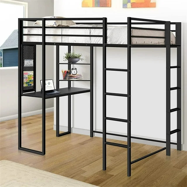 Full Size Loft Bed with Desk and Shelves for Kids Teens Adult, Metal Bed Frame with 2 Build-in Ladders and Full-Length Guardrail, Noise Free, Space-Saving Design, No Box Spring Needed