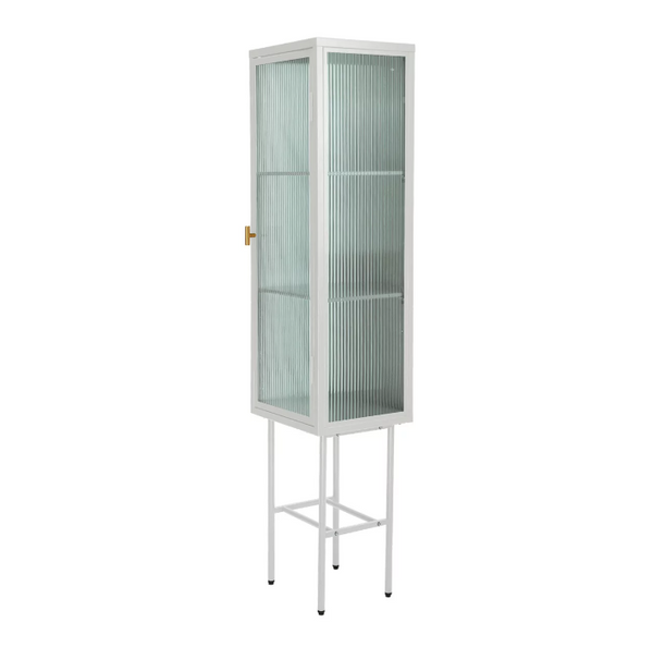 Metal Tall Display Cupboard, Freestanding Console Storage Cabinet with Glass Door & Three Detachable Shelves, Slim Cabinet Single Door Sideboard for Living Room, 14.80"Lx12.60"Wx61.50"H, White
