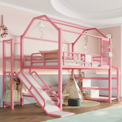 Triple Tree Full House Loft bed with Slide and Stairs, Metal Playhouse Bed with Storage Shelves, House-shaped Roof and Noise-free Design, Pink