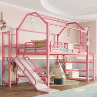 Triple Tree Full House Loft bed with Slide and Stairs, Metal Playhouse Bed with Storage Shelves, House-shaped Roof and Noise-free Design, Pink