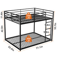 Full over Full Low Bunk Bed for Kids Teens Adults, Metal Bunk Bed Frame with Ladder and Safety Guardrails, Load-Bearing 350lb, Noise Free, Black 77.1''Lx55.9''Wx53.7''H