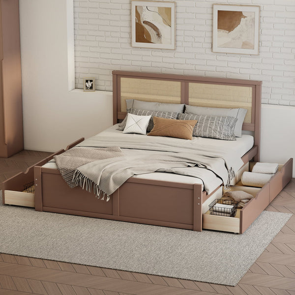 Full Size Wood Platform Bed with Natural Rattan Headboard, Full Wood Storage Platform Bed with 4 Drawers Underneath, Boho Cane Bed Mattress Foundation, No Box Spring Needed, Antique Espresso