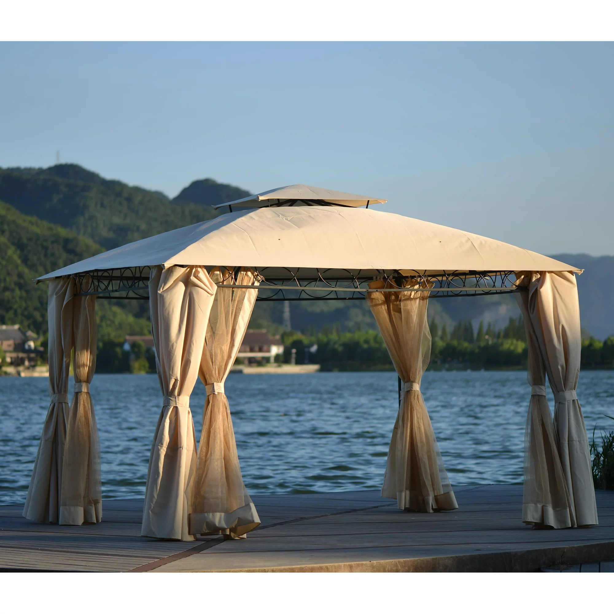 Outdoor BBQ Gazebo, Double Tiered Grill Canopy with Removable Zipper Mesh Netting and Steel Frame, Rectangle Portable Garden Patio Backyard Canopy Shelter Tent for Family Party Wedding, Beige