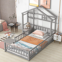 Twin Size Floor Bed with House-Shaped Headboard, Montessori Bed Frame with Fence Guardrails and Cushion Stand for Kids Toddlers and Teens, Easy Assembly, No Box Spring Needed, Gray