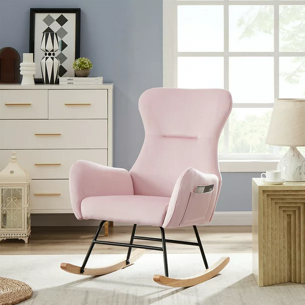 Rocking Chair Nursery, Accent Chair with High Backrest and Armrests Glider Chair for Baby Nursing with Cushion Teddy Velvet Upholstered Indoor Glider Rocker Comfy Armchair for Living Room,Pink