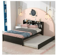 Twin Bed with Trundle, Twin Size Platform Bed with Bookcase Headboard and Pull Out Trundle Bed for Kids Teens Adults, Wooden Twin Bed Frame with Storage Shelves, Bed Frame for Living Room, Espresso