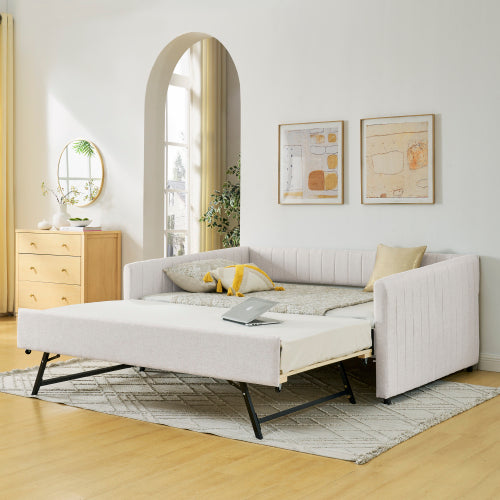 Triple Tree Full Size Daybed with Trundle Upholstered Sofa Bed, with Vertical Stripes, Linen Fabric, Beige (82.5"x58"x30")