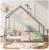Full Size House Bed, Wooden Floor Bed Frame with Roof for Toddlers Kids Girls Boys, Can be Decorated, Gray 77.8"L x 56.8"W x73.2"H
