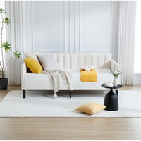 Triple Tree Twin Size Beige Velvet Upholstered Daybed, Ribbed Tufted Backrest, Daybed in Lavish Modern Design