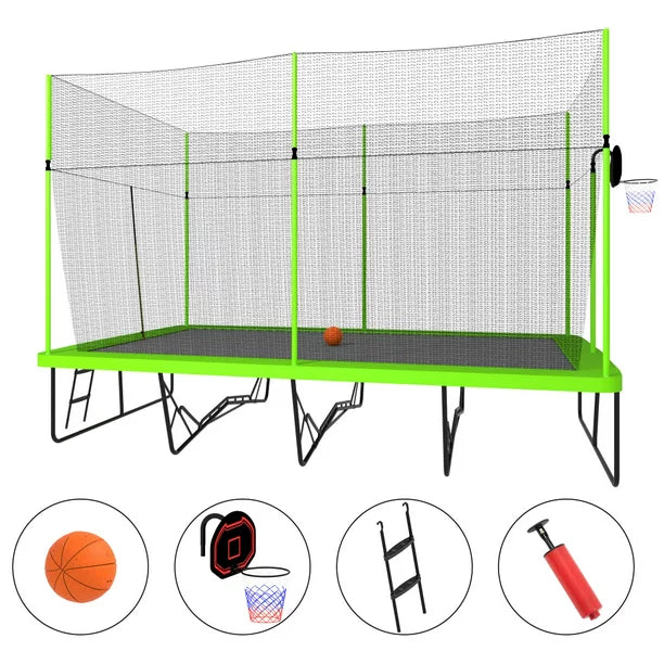 10Ftx17Ft Rectangular Trampoline with Basketball Hoop,Recreational Bouncer Trampolines with Steel Tubes and Enclosure Net,Sport Exercise Trampoline with Ladder,3 Strong W Legs,Capacity for 5-6 Kids