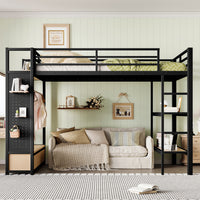 Triple Tree Queen size Loft Bed Frame with Wardrobe,Metal Loft Bed with Storage Shelves and Pegboard,Black