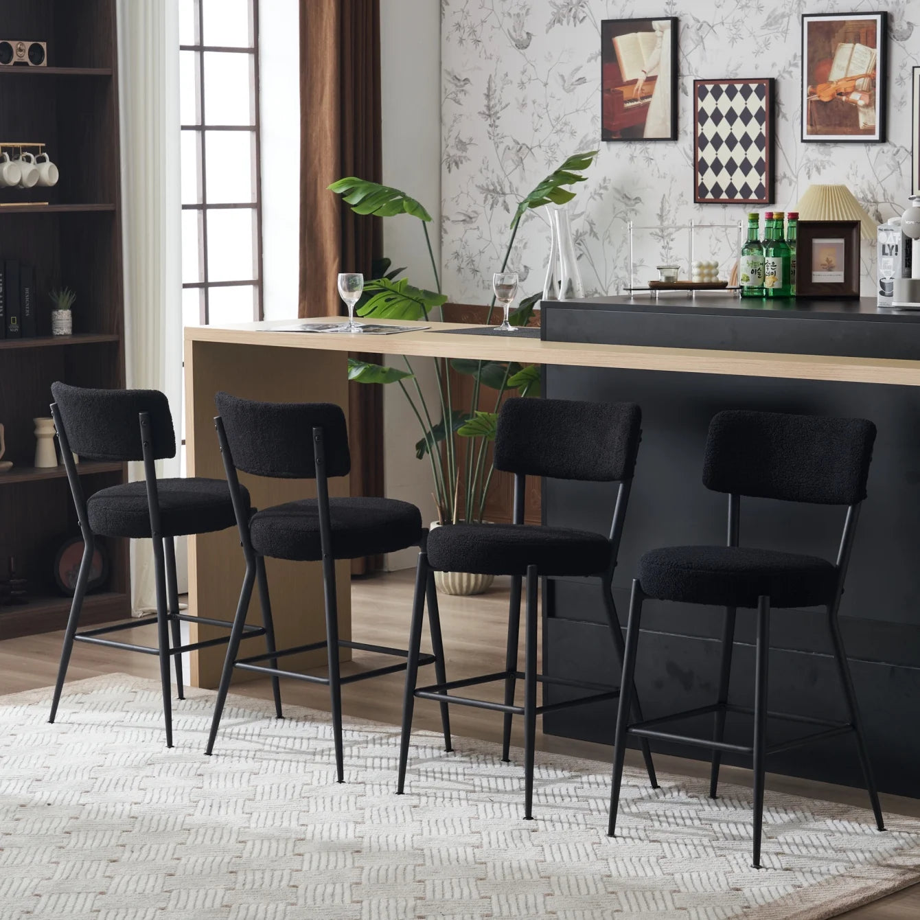 Bar Stools Set of 2, Upholstered Boucle Counter Height Bar Stools with Back,Metal Base High Stool,Stylish and Comfortable Island Seating,for Kitchen Island, Dining Room, Bar,Black