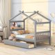Twin Size Platform Bed, Wood House Bed with 2 Drawers and Roof for Kids Teens Adults, Montessori Bed Frame with Headboard and Footboard for Bedroom, Can be Decorated, No Box Spring Needed, Gray