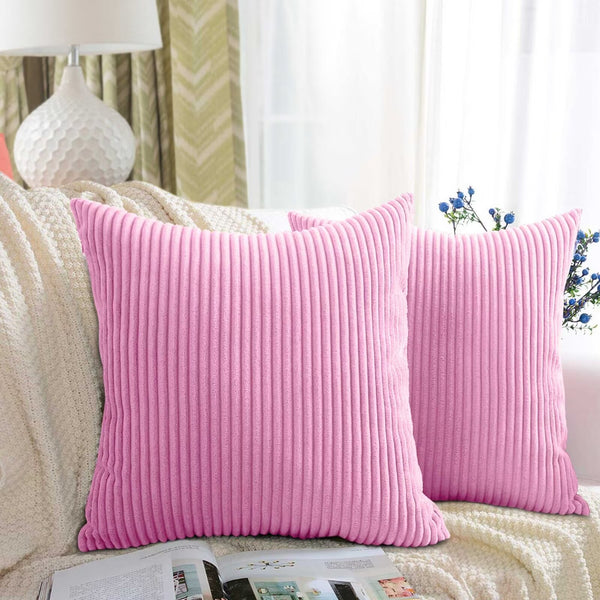 Pack of 2 Soft Corduroy Velvet Pillow Covers, 18x18 Inch Striped Square Boho Throw Pillowcases, Modern Farmhouse Home Decor for Sofa Living Room Couch Bed, Pink