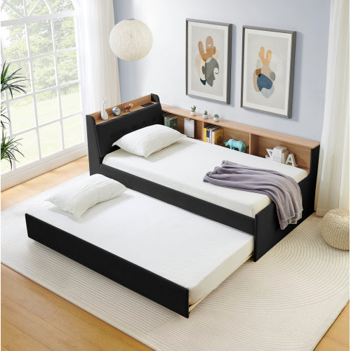 Triple Tree Twin Size Upholstery Velvet Height Adjustable Day Bed with Storage Headboard and Wireless Charging, Multi-functional Daybed with Trundle Bed & LED Lights, Black