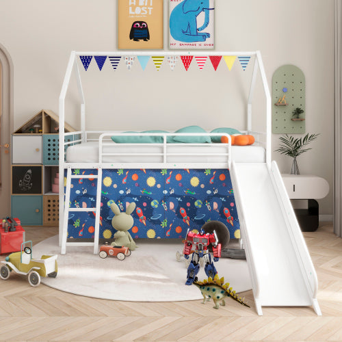 Triple Tree Metal Junior House Twin Loft Bed with Slide and Curtain Set and Pennant Banner Flag and Star Stickers, White with Blue