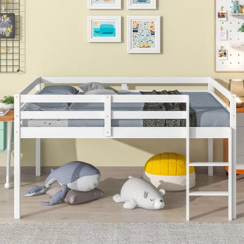 Full Size Low Loft Bed,Wood Bed Frame with Ladder and Full Length Guardrail for Teens Adults,No Box Spring Needed,Mattress Not Included