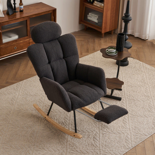 Triple Tree Teddy Fabric Upholstered Nursery Rocking Chair with Pillow & Footrest Modern Accent Armchair Padded Seat with High Backrest for Living Room Bedroom (Dark Gray)