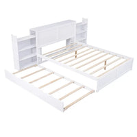 Queen Size Platform Bed with Twin Size Trundle,Storage Platform Bed with Pull Out Shelves,Two Built-in 4-Tier Storage Shelves,Wooden Bed Frame with Wood Slats Support for Kids Teens Bedroom,White