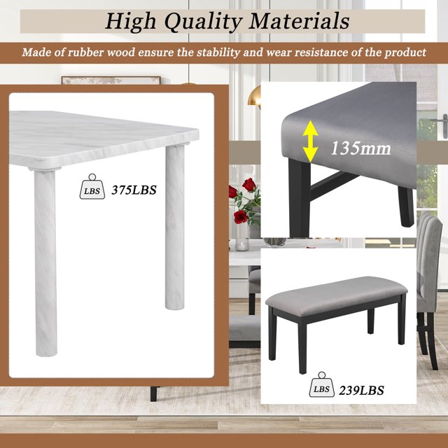 6-Piece Dining Table Set, Modern Kitchen Table and Chairs Set for 6 with Marble Veneer Table, 4 Flannelette Upholstered Dining Chairs & Bench, Kitchen Living room Dining Room Table and Chair Set, Gray