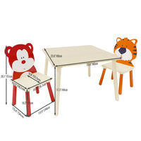 Kids Table and 2 Chairs Set with Cartoon Animal Decoration, 3 Pieces Wooden Toddler Table and Chair Set, Activity Play Table Set for Boys, Girls Arts Reading Writing Age 3 Years+, Bear&Tiger