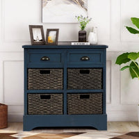 Rustic Storage Cabinet with Two Drawers and Four Classic Fabric Basket for Kitchen/Dining Room/Entryway/Living Room, Accent Furniture (Antique Navy)