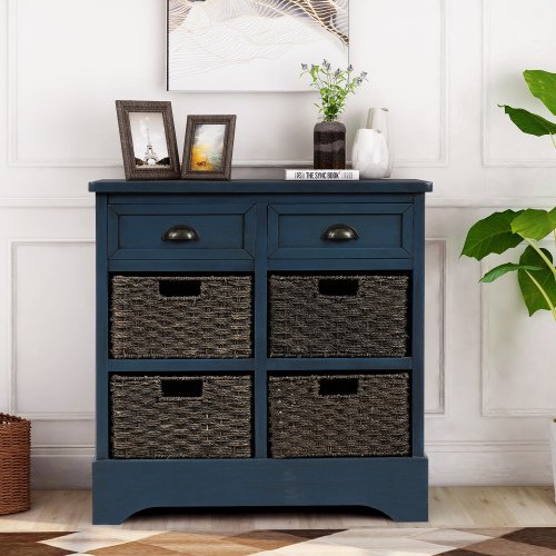 Rustic Storage Cabinet with Two Drawers and Four Classic Fabric Basket for Kitchen/Dining Room/Entryway/Living Room, Accent Furniture (Antique Navy)