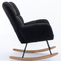 Modern Teddy Fabric Nursery Rocking Chair, Wingback Glider Rocker Accent Chair with Solid Wood Base Metal Frame for Bedroom, Living Room, Porch, Office, Black