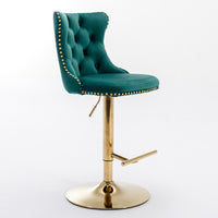 Swivel Bar Stools Set of 2 with Adjustable Seat Height, Contemporary Velvet Counter Stool with Metal Legs and Chrome Nailhead Trim Backrest, Dining Chair for Home and Pub, Green & Gold