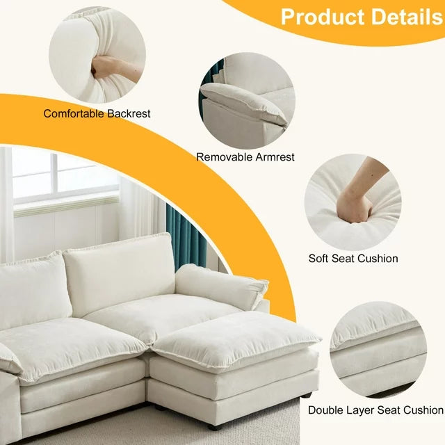 Sectional Sofa Chenille Loveseat Sofa Couch with Ottoman, Modern Deep Seat Sectional Sofa Comfy Upholstered Sofa Couch with Double Layer Seat Cushion for Living Room, Apartment, Studio, Office, White