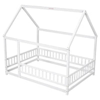 Full Size Floor House Bed with Roof, Kids Floor Bed with Full Length Fence, Playhouse Montessori Bed, Wooden Platform Bed Frame for Kids Teens Girls Boys, Box Spring Needed, White