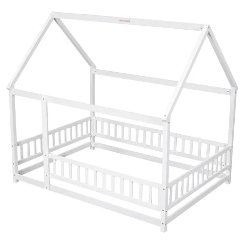 Full Size Floor House Bed with Roof, Kids Floor Bed with Full Length Fence, Playhouse Montessori Bed, Wooden Platform Bed Frame for Kids Teens Girls Boys, Box Spring Needed, White