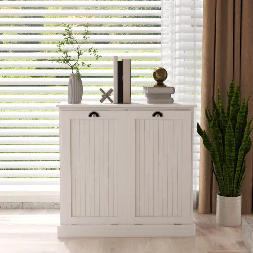 Double Tilt Out Trash Cabinet Wooden Free Standing Laundry Sorter Cabinet, Recycling Cabinet,Tilt Out Trash Cabinet Can Bin Kitchen (White)