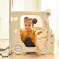 Slide and Swing Set, Toddler Slide Swing Set with Bus Play Structure, Freestanding Slide Set with Climber and Basketball Hoop, Toddler Playground Indoor Outdoor (Beige)
