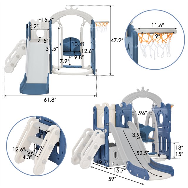 5 in 1 Toddler Slide and Swing Set, Kids Playground Climber Slide Playset with Basketball Hoop Freestanding Combination, Indoor & Outdoor Toys for Babies Kids, Blue