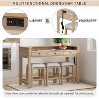 4-Piece Dining Bar Table Set, Counter Height Table Set with 3 Upholstered Stools, Multifunctional Console Table Set with 3 Drawers, USB Port and Power Strip, for Dining Room, Living Room, Natural